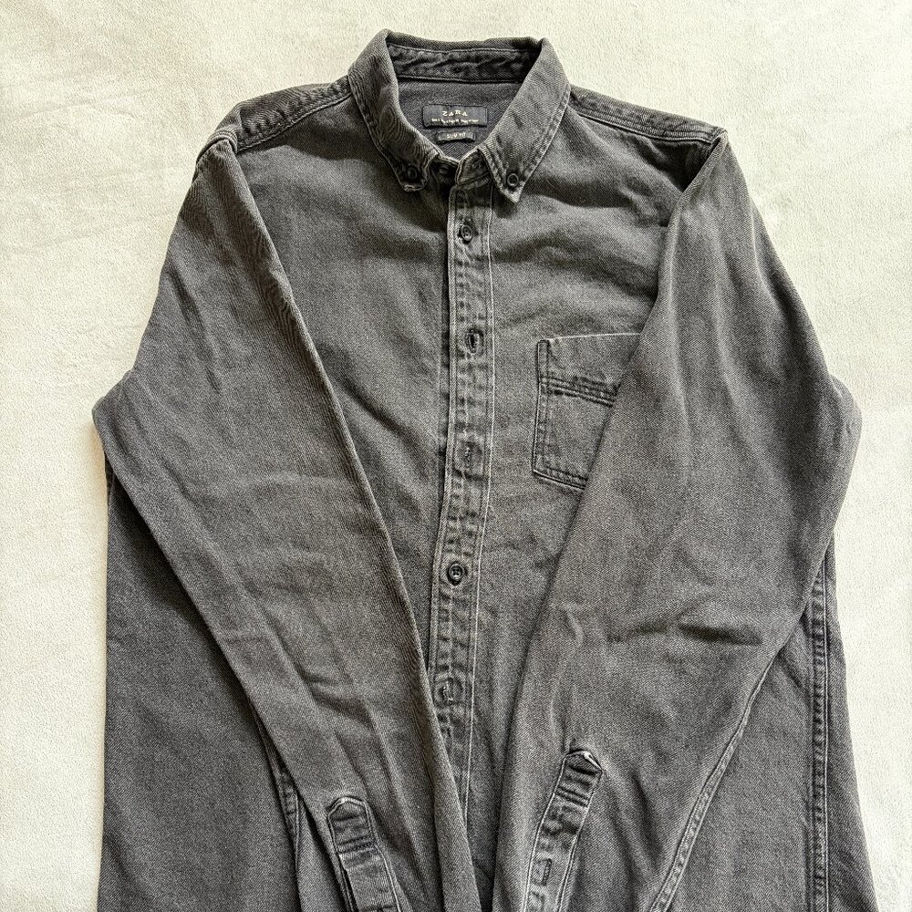 Distressed Black Denim Button Down Shirt Size S